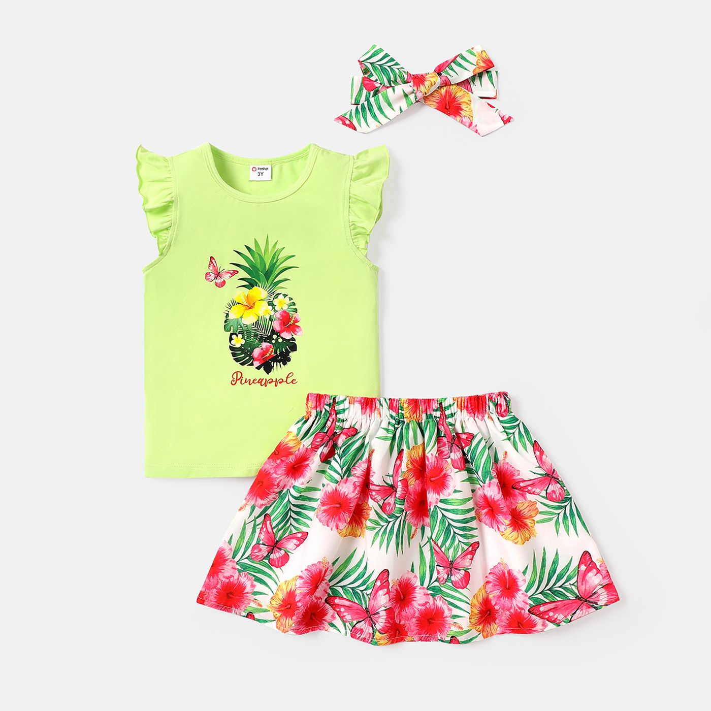 

3pcs Toddler Girl Pineapple Print Flutter-sleeve Tee and Floral Print Skirt & Headband Set