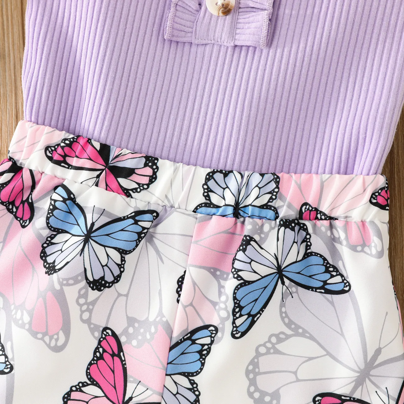 2pcs Toddler Girl Sweet Ruffled Ribbed Camisole and Butterfly Print Shorts Set Purple big image 1