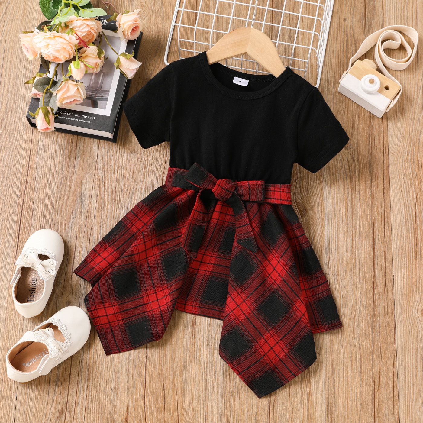 

Toddler Girl Classic Plaid Splice Irregular Hem Belted Dress