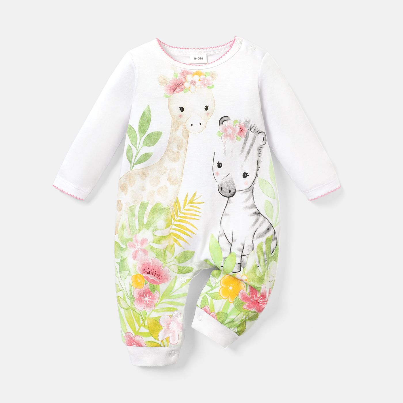 Baby Girl 100% Cotton Animal Print Ruffle Trim Long-sleeve Spliced Jumpsuit