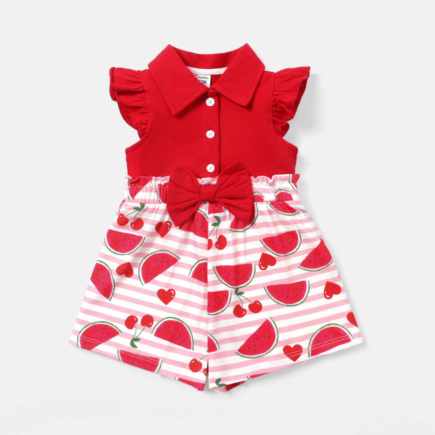 

Baby Girl Solid Cotton Flutter-sleeve Bow Front Spliced Watermelon Print Striped Naia™ Romper