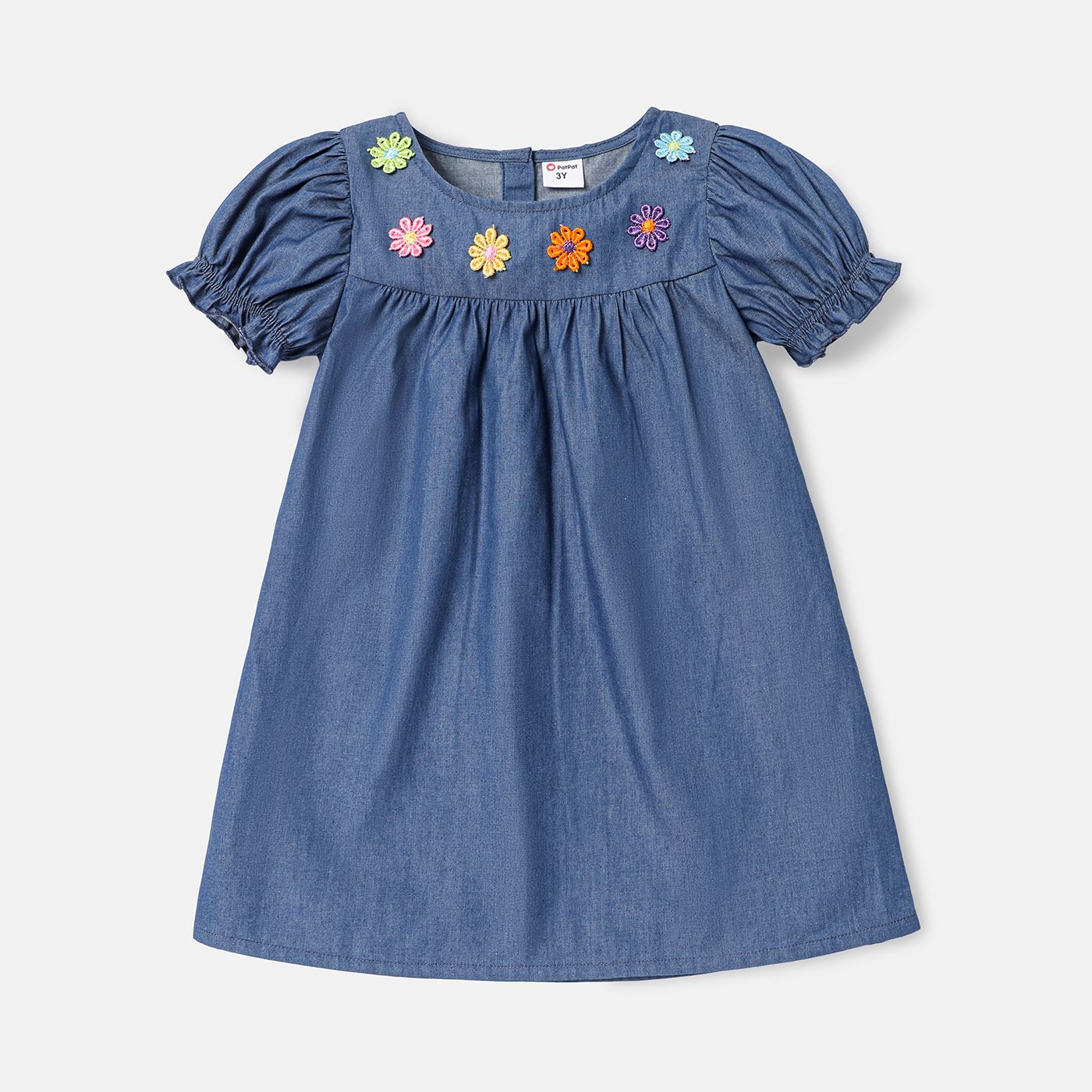 Toddler Girl 100% Cotton Floral Embroidered Short-sleeve Denim Dress
