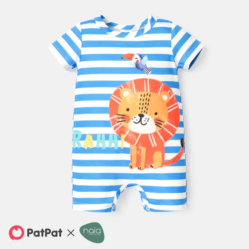 Baby Boy Lion Print Blue Striped Short-sleeve Naia™ Romper