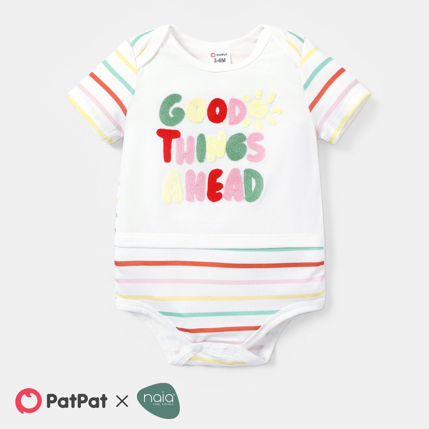 

Naia™ Baby Boy/Girl Letter Embroidered Colorful Striped Short-sleeve Romper