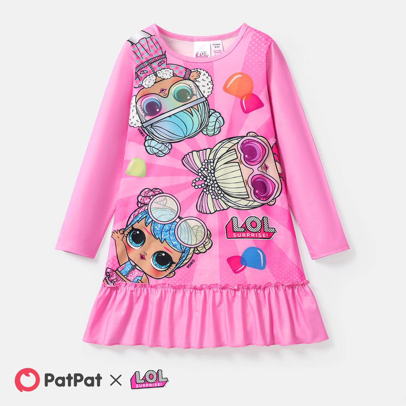 

L.O.L. SURPRISE! Kid Girl Character Print Ruffle Hem Long-sleeve Pink Dress