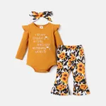 3pcs Baby Girl Letter Print Ribbed Romper and Floral Print Flared Pants & Headband Set Ginger-2