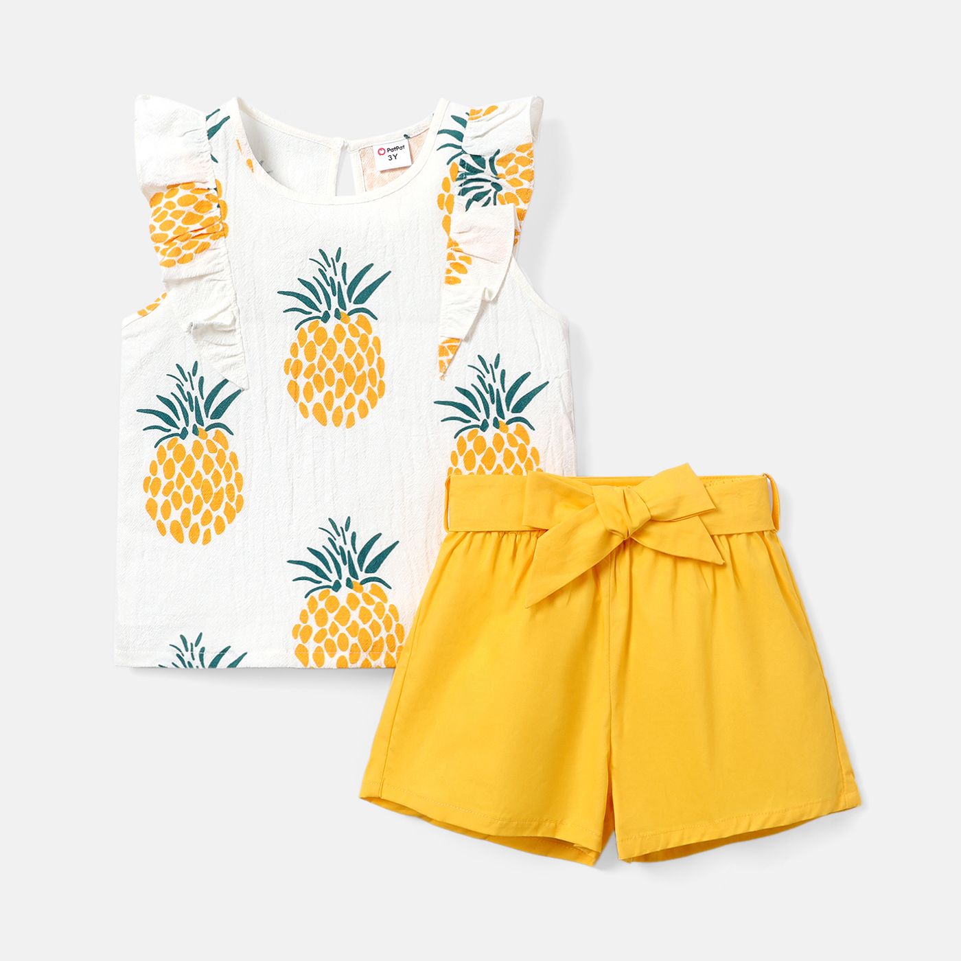 

2pcs Toddler Girl 100% Cotton Pineapple Print Flutter-sleeve Tee and Belted Shorts Set