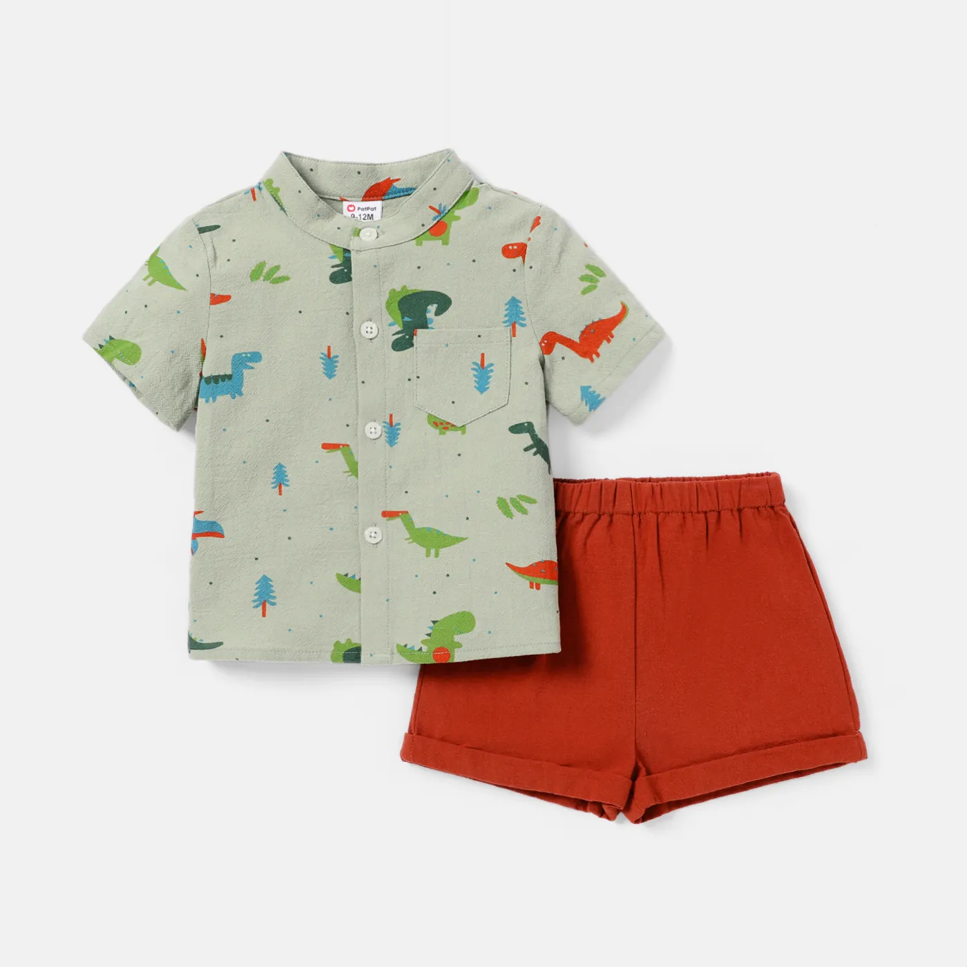 2pcs Baby Boy 100% Cotton Short-sleeve Allover Dinosaur Print Shirt and Solid Shorts Set