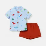 2pcs Baby Boy 100% Cotton Short-sleeve Allover Dinosaur Print Shirt and Solid Shorts Set Light Blue