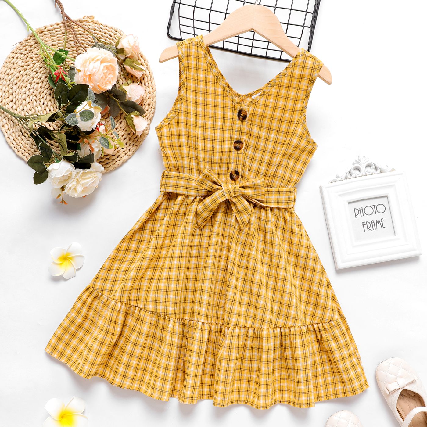 

Kid Girl Yellow Gingham Button Front Belted V Neck Sleeveless Tank Dress