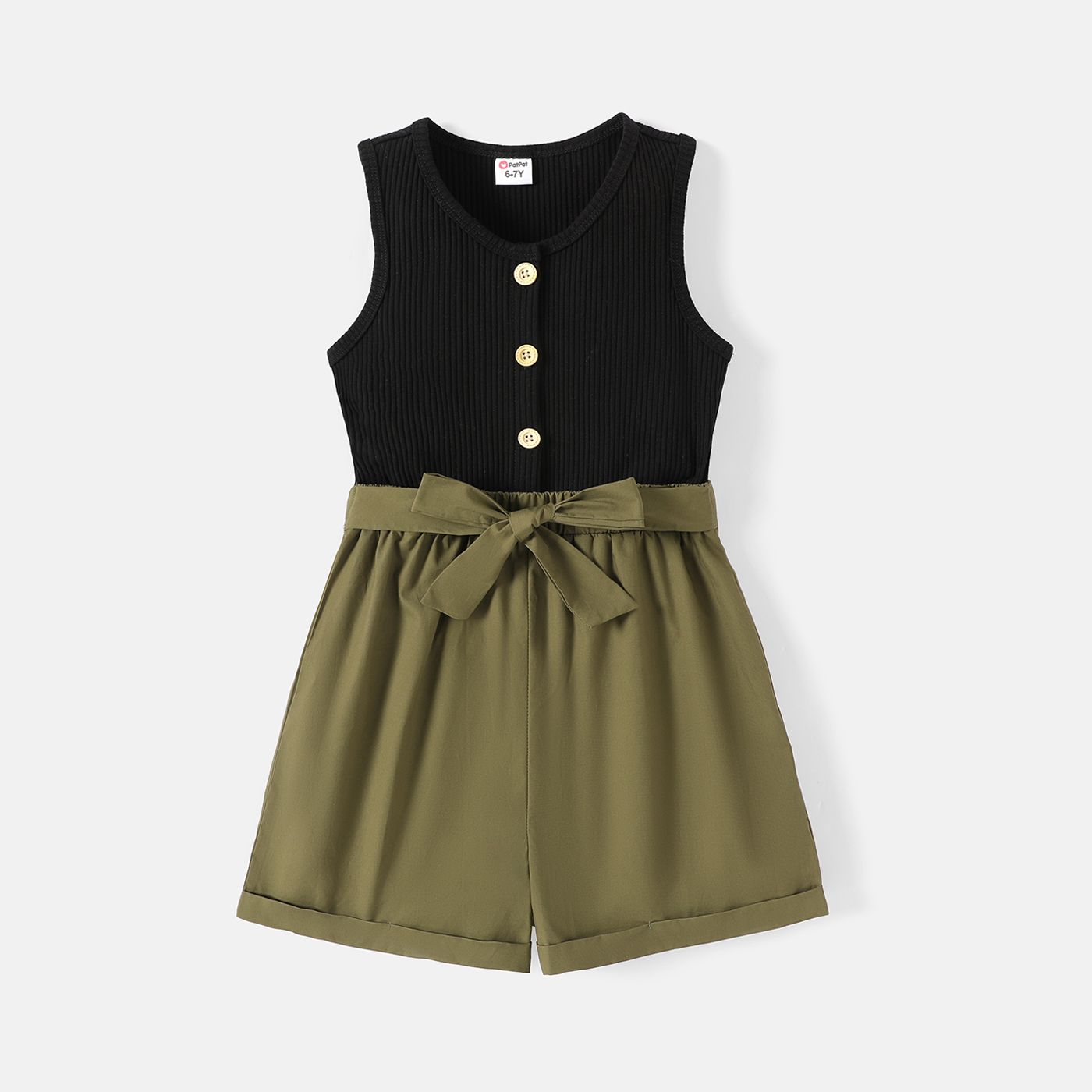 

Kid Girl Button Design Sleeveless Cotton Belted Rompers