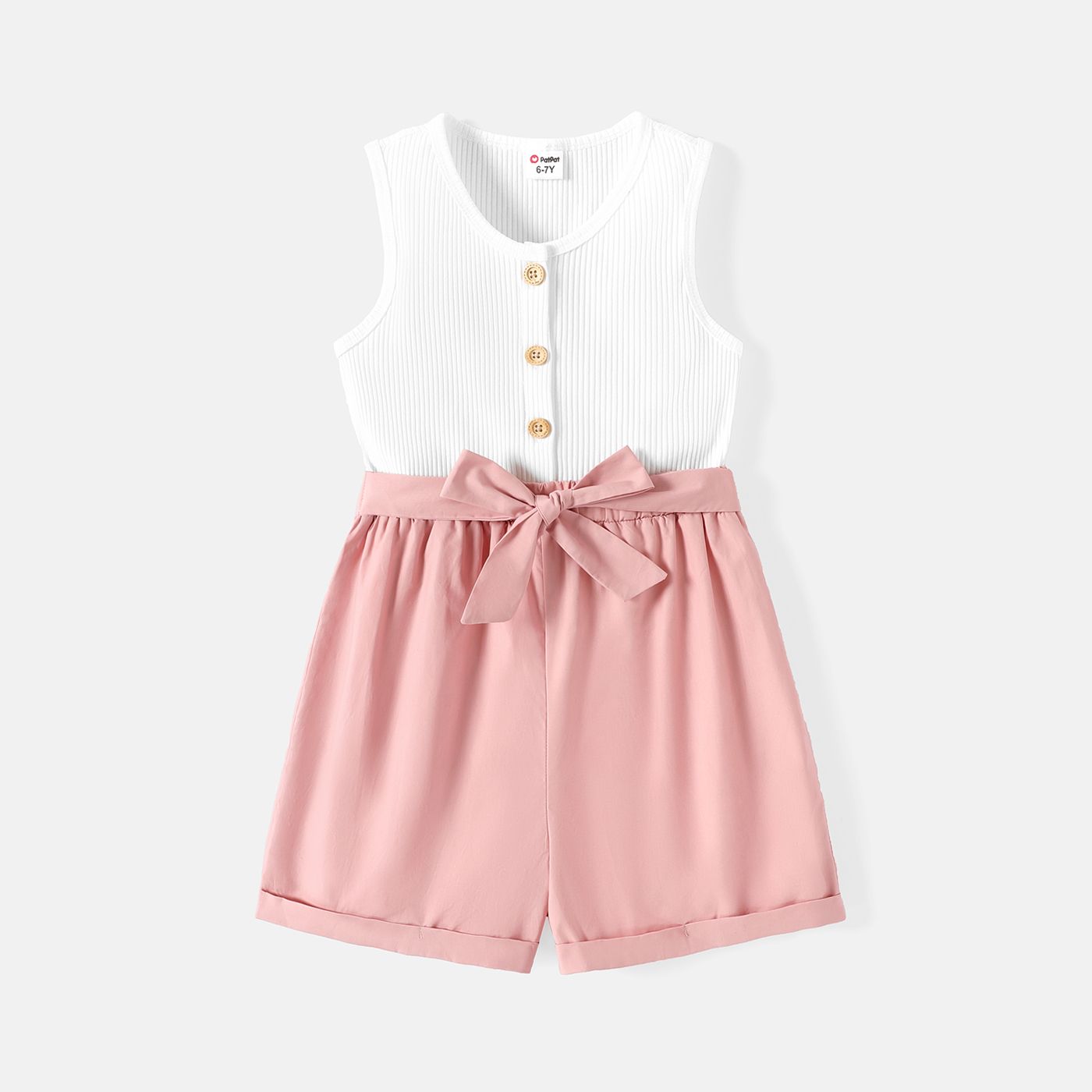 

Kid Girl Button Design Sleeveless Cotton Belted Rompers