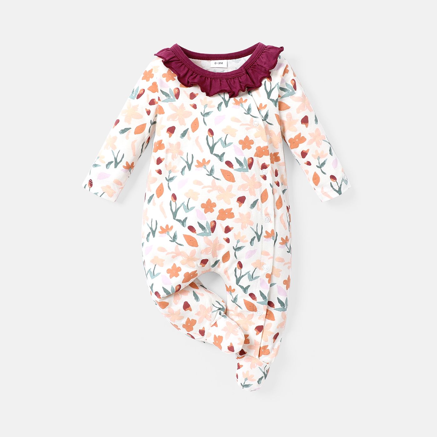 

Baby Girl 100% Cotton Contrast Collar Long-sleeve Footed Print Jumpsuit