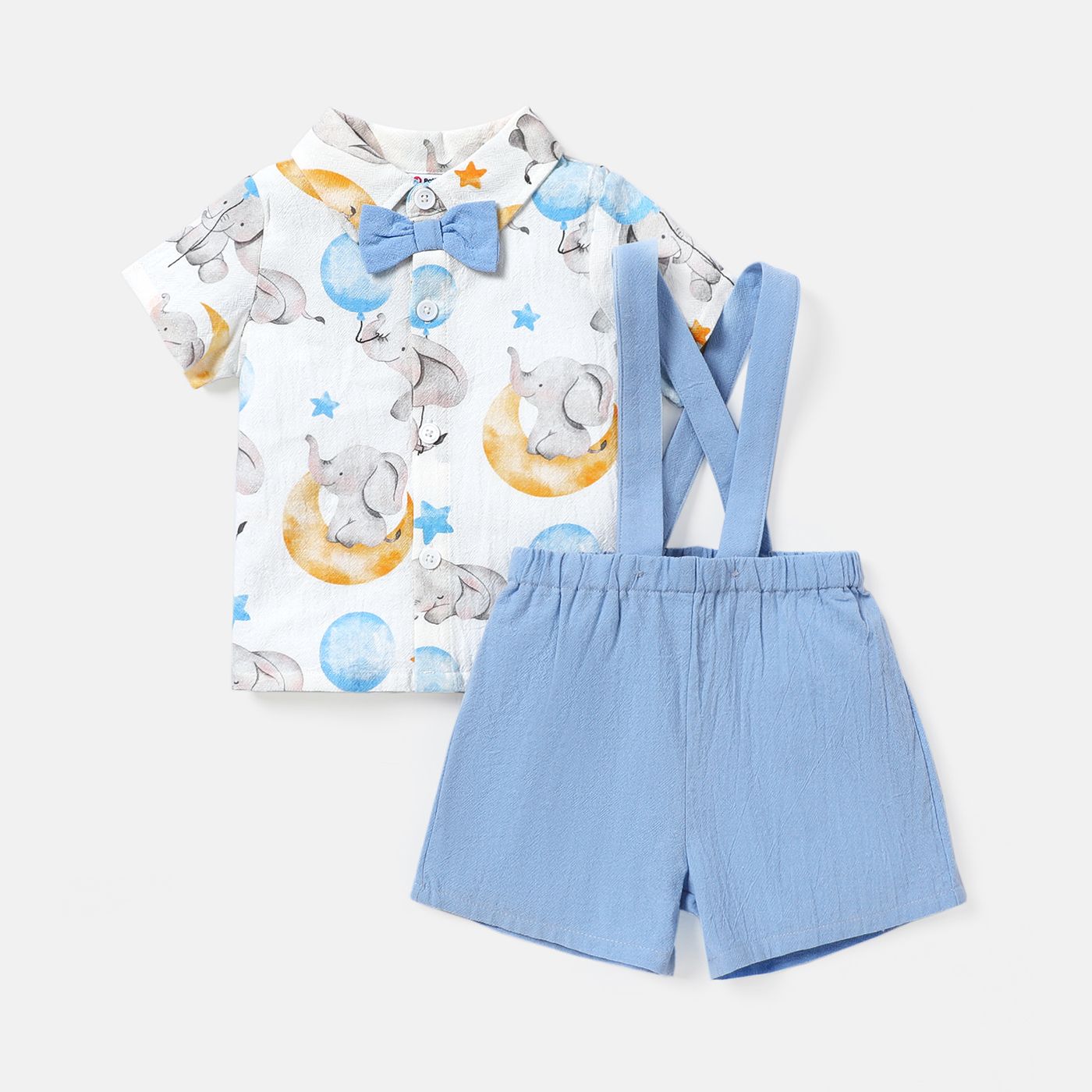 

2pcs Baby Boy 100% Cotton Elephant Print Lapel Collar Bow tie Design Shirt and Suspender Shorts Set