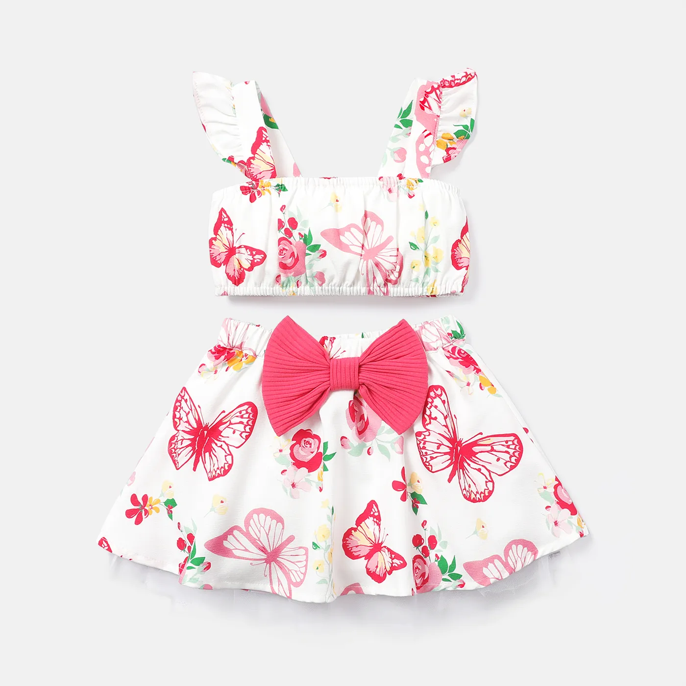 

2pcs Baby Girl Floral Print Ruffled Camisole and Bowknot Design Skirt Set