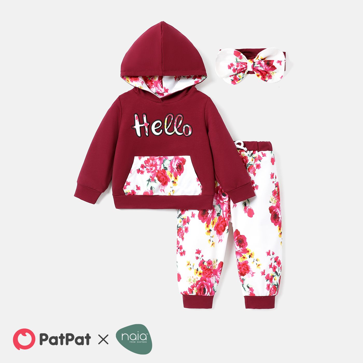 

3pcs Baby Girl Long-sleeve Letter Graphic Hoodie and Floral Print Naia™ Pants & Headband Set