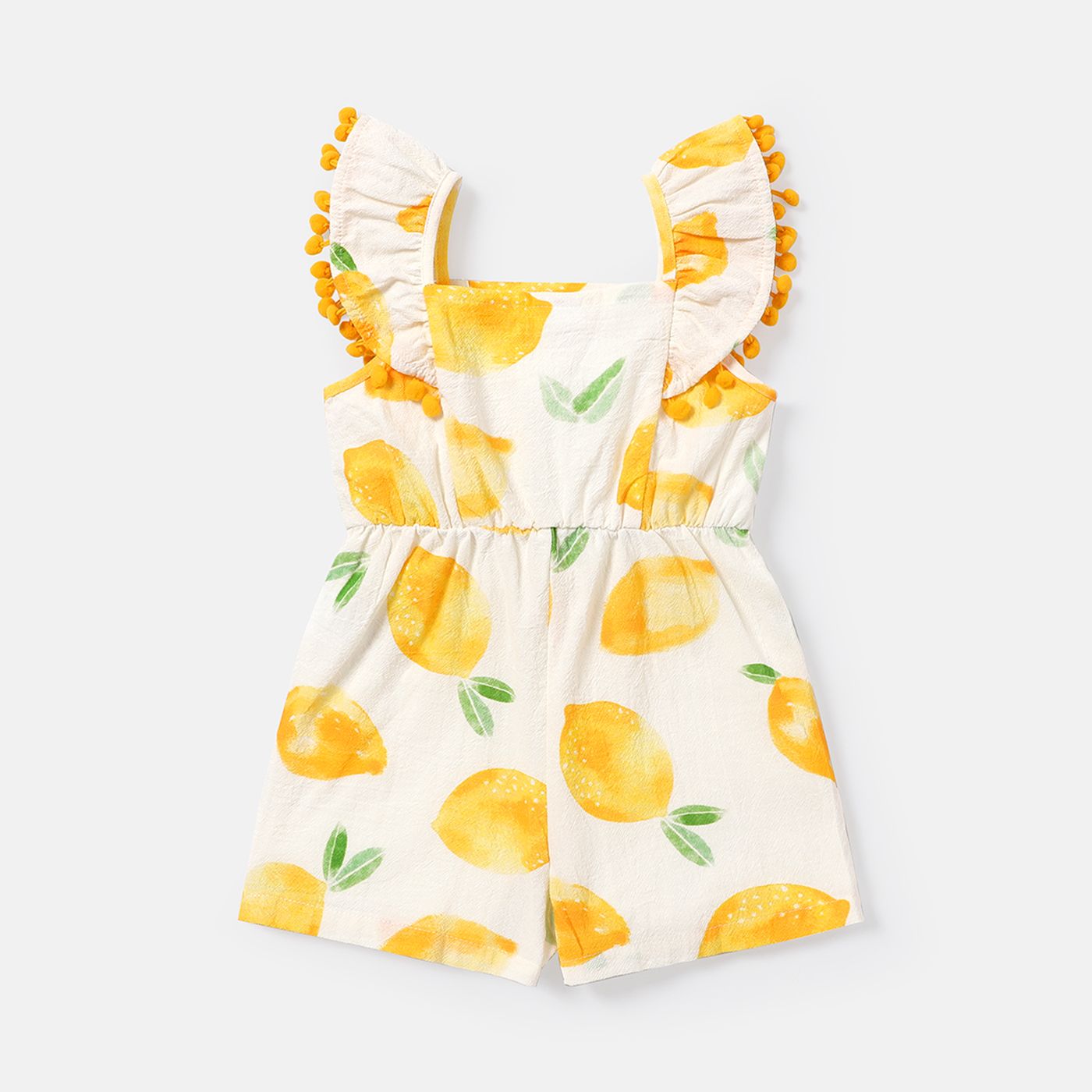 

Toddler Girl 100% Cotton Fruit Print Pompom Design Flutter-sleeve Rompers