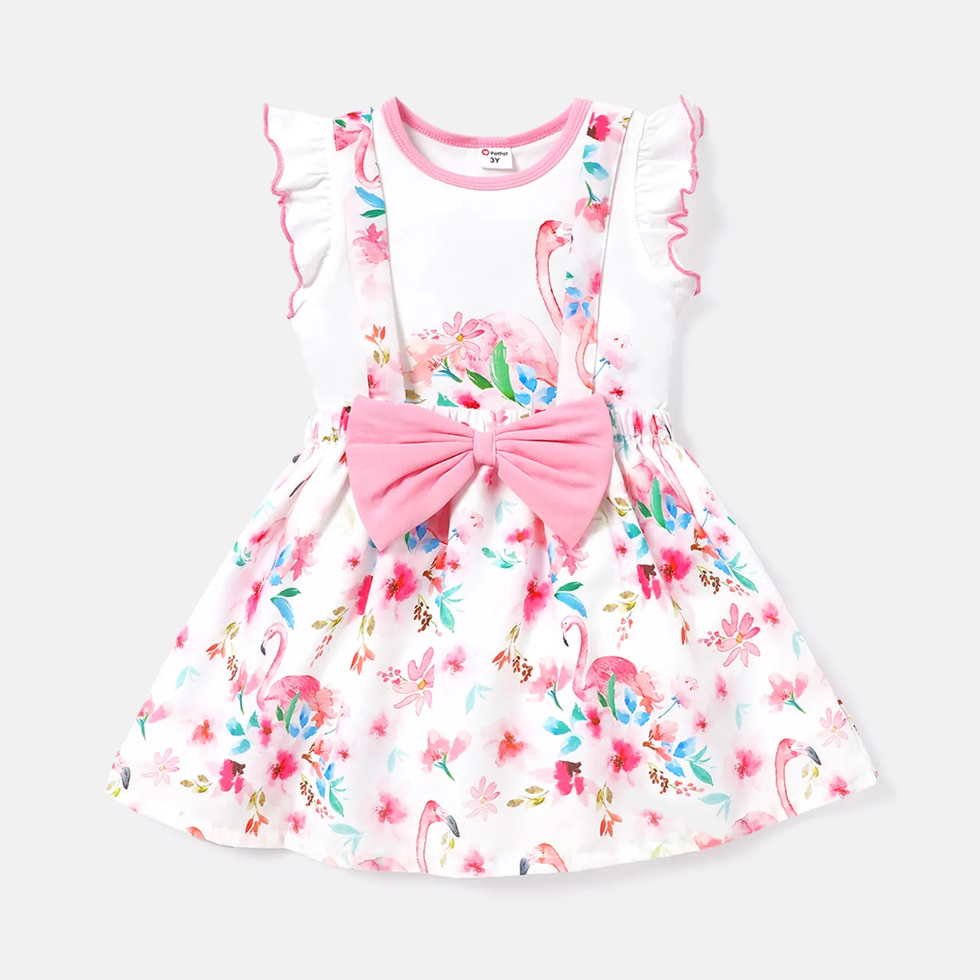 

2pcs Toddler Girl Flamingo Floral Print Flutter-sleeve Tee and Bowknot Design Suspender Skirt Set