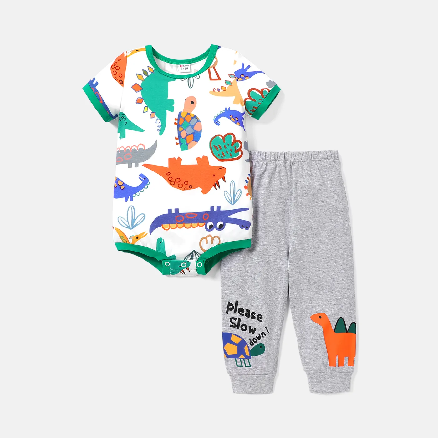 

2pcs Baby Boy Dinosaur Print Short-sleeve Naia™ Romper and Cotton Pants Set