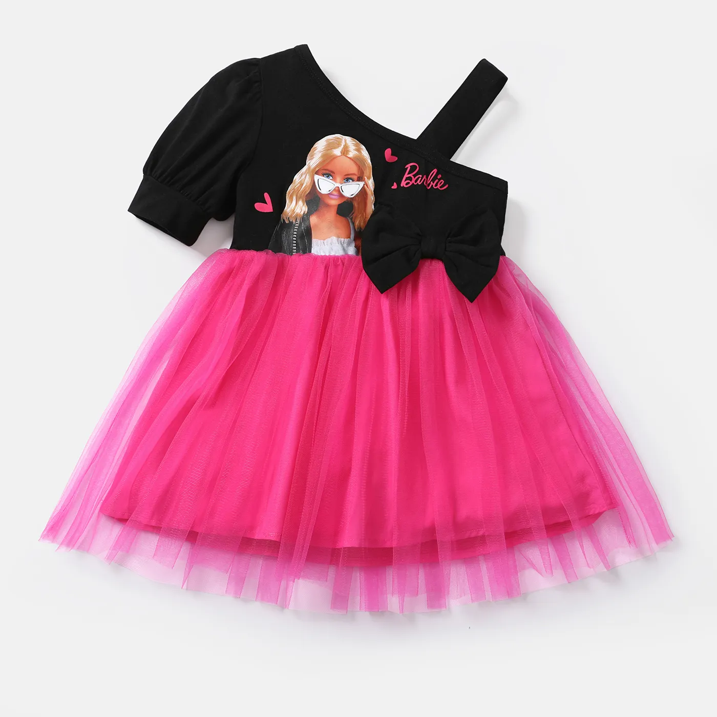Barbie Toddler Girl Mother's Day Bowknot Design Cotton One Shoulder Mesh Splice Dress  big image 7