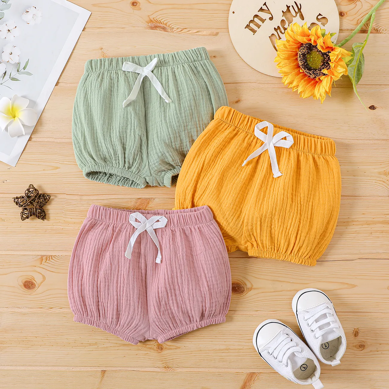 Baby Boy/Girl 100% Cotton Crepe Bow Detail Solid Shorts Ginger big image 1