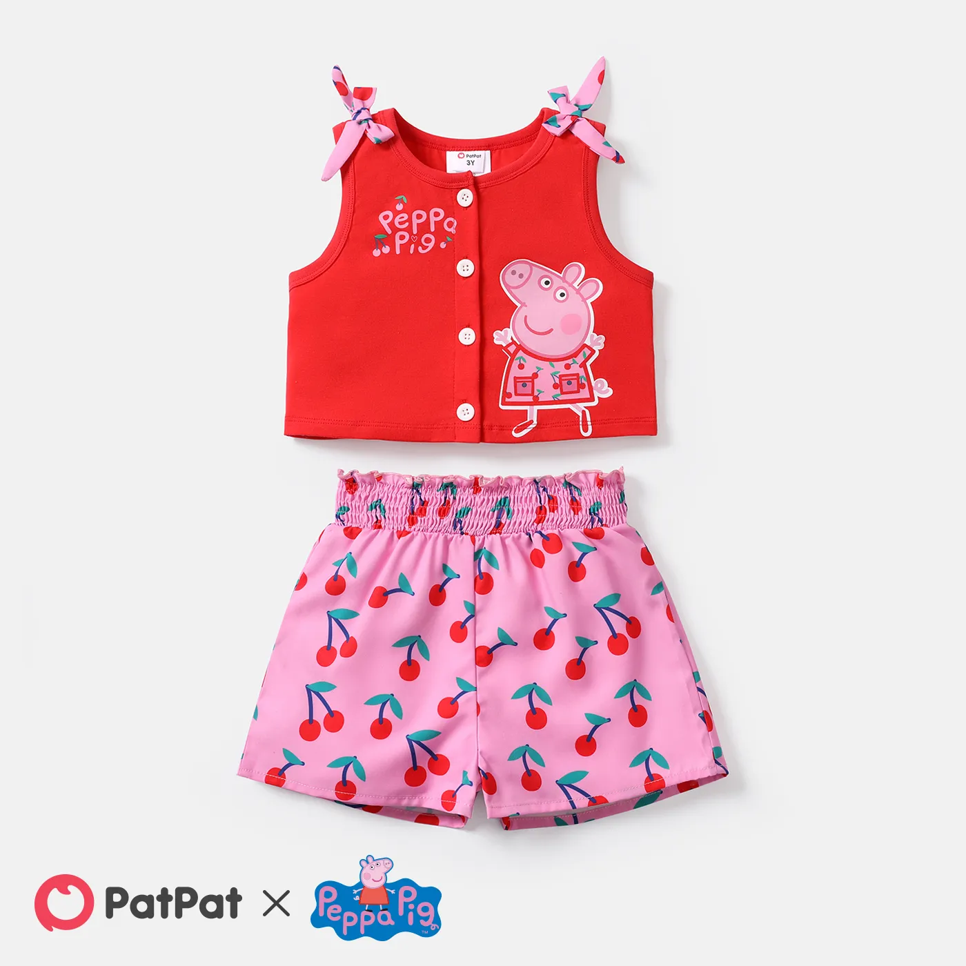 

Peppa Pig 2pcs Toddler Girl Bowknot Design Cotton Tank Top and Cherry Print Shorts Set