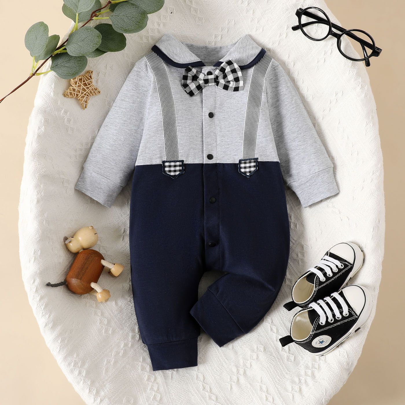 

Baby Boy 95% Cotton Plaid Bow Tie Decor Long-sleeve Colorblock Jumpsuit