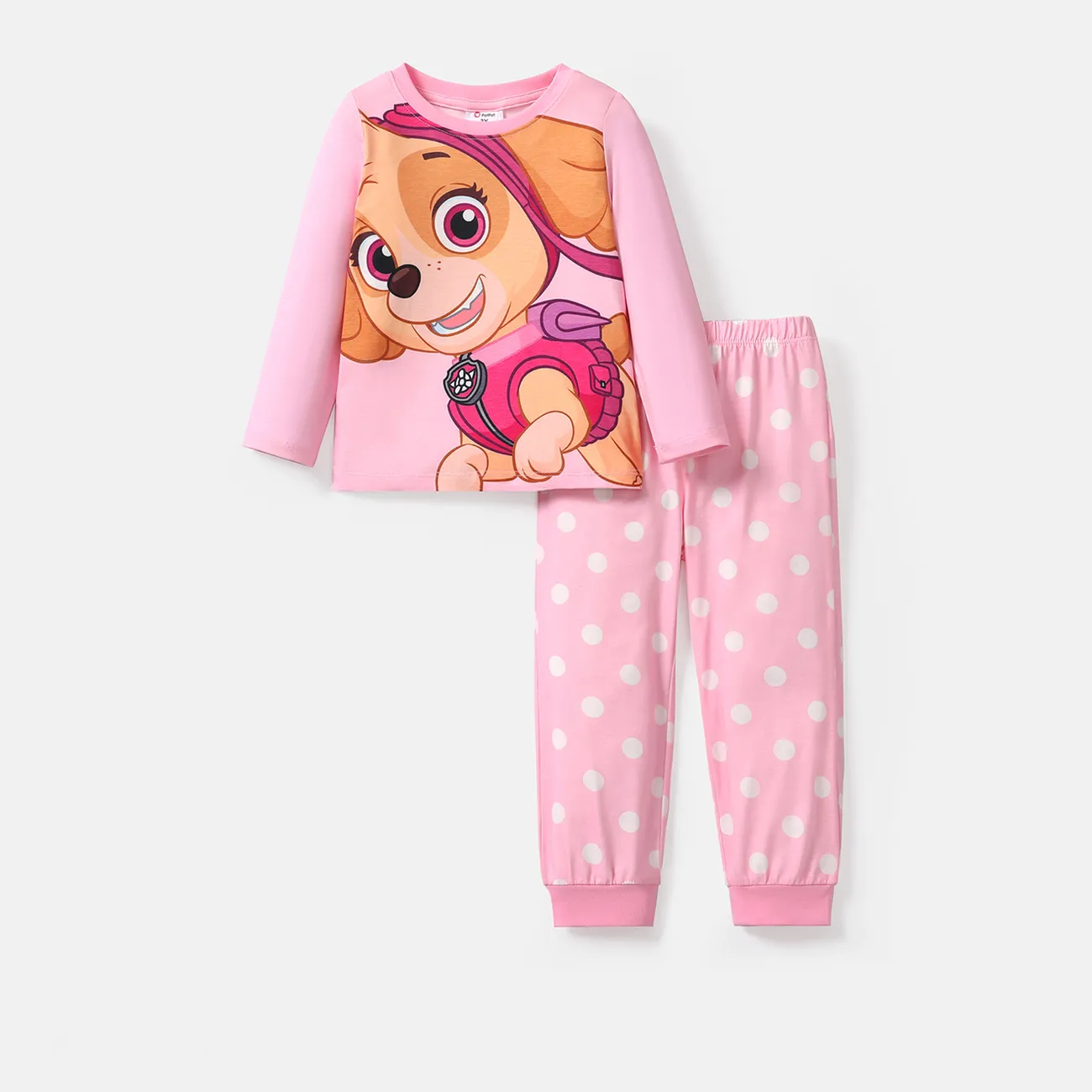 PAW Patrol 2pcs Toddler Girl/Boy Character Print Long-sleeve Tee and Polka dots/Stripe Pants Set Pink big image 1
