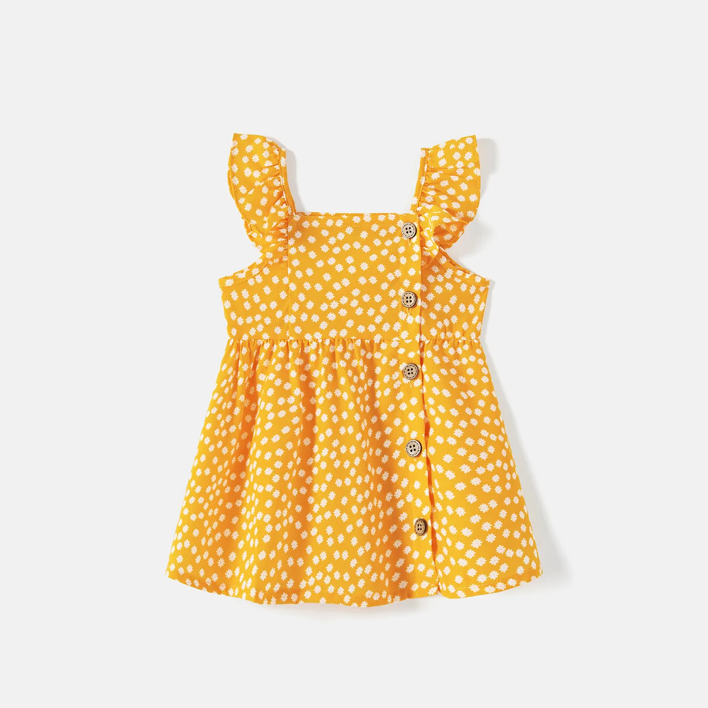 Mommy And Me Allover Print Yellow Ruffle-sleeve Button Front Dresses