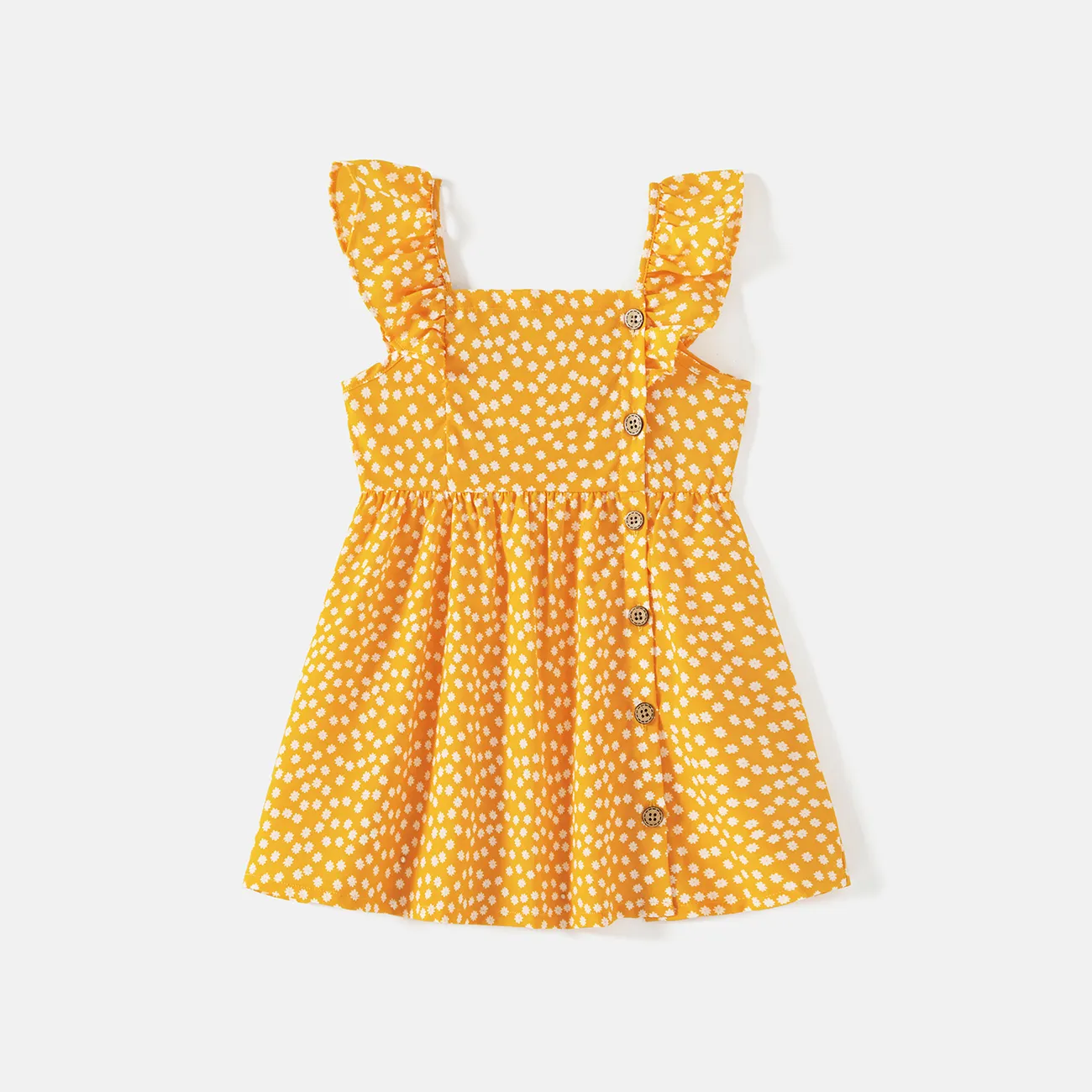 Mommy and Me Allover Print Yellow Ruffle-sleeve Button Front Dresses Yellow big image 1