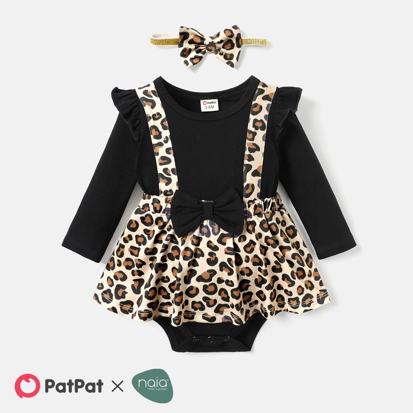 

2pcs Baby Girl Cotton Solid & Leopard Spliced Long-sleeve Naia™ Romper with Headband Set