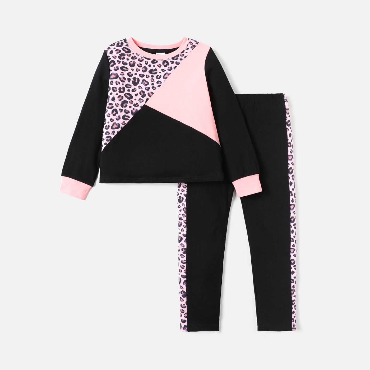 2pcs Kid Girl Naia Leopard Print Colorblock Sweatshirt And Leggings Set