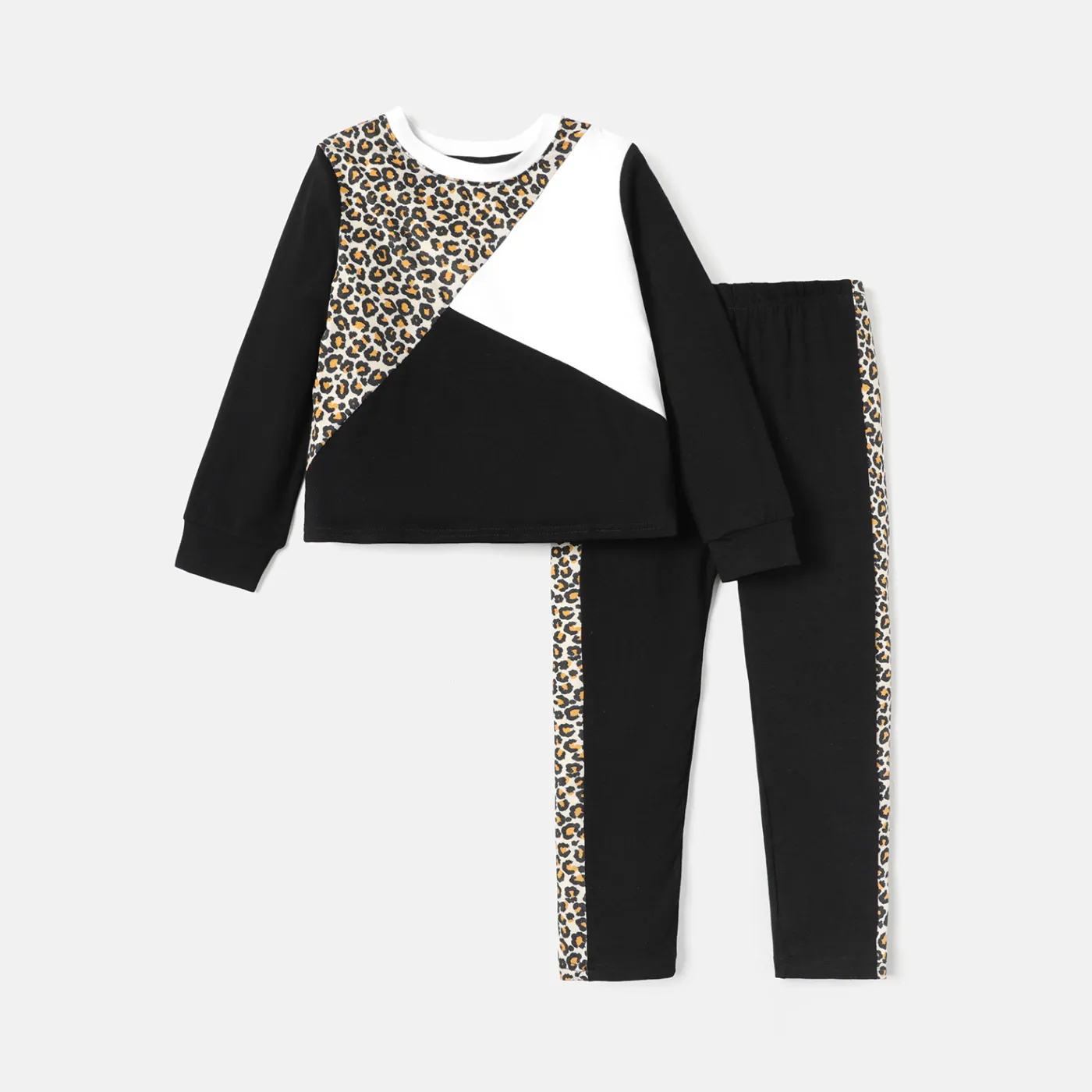 2pcs Kid Girl Naia Leopard Print Colorblock Sweatshirt and Leggings Set