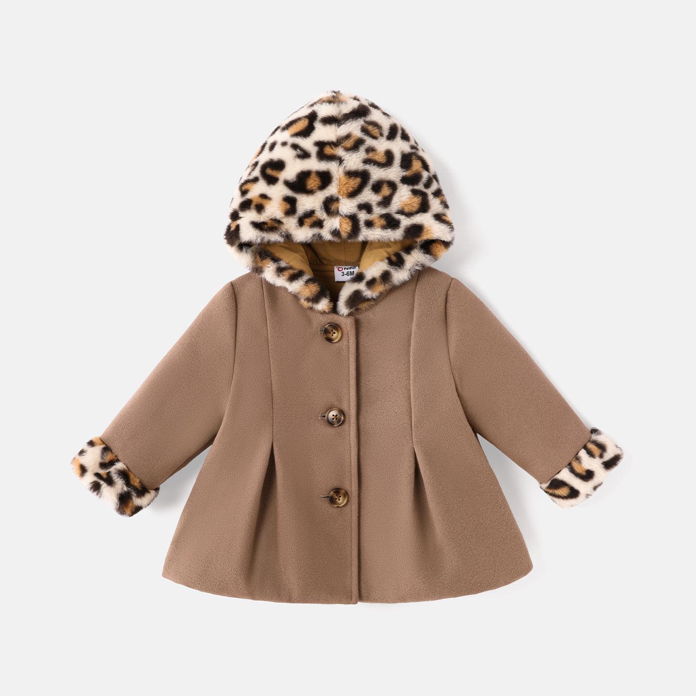 Baby Girl Leopard Fuzzy Fleece Hooded Single Breasted Coat