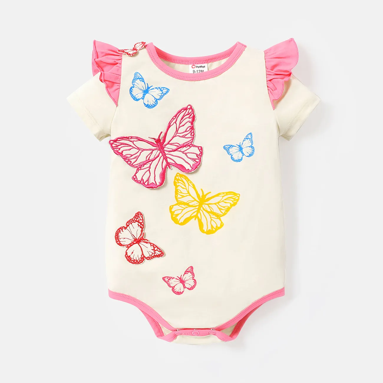 Baby Girl 100% Cotton Butterfly Embroidered Ruffled Short-sleeve Rompers Pink big image 1