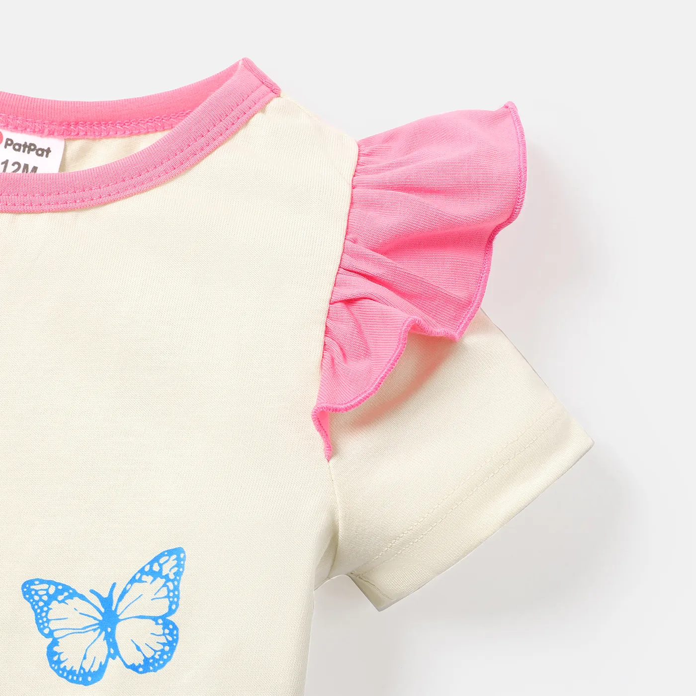 Baby Girl 100% Cotton Butterfly Embroidered Ruffled Short-sleeve Rompers Pink image 3