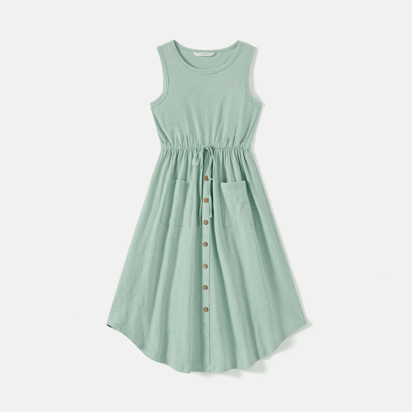 Family Matching Solid Cotton Button Front Drawstring Tank Dresses and Short-sleeve Colorblock T-shir