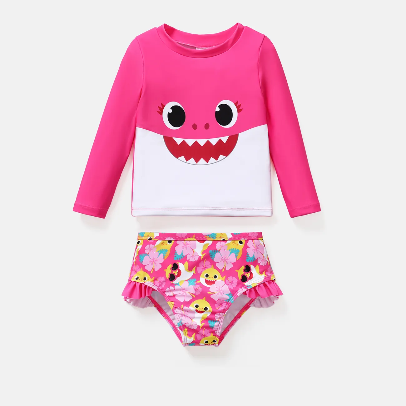 Baby Shark Toddler Girl/Boy 2pcs Long-sleeve Top and Shorts Swimsuit Dark Pink big image 1