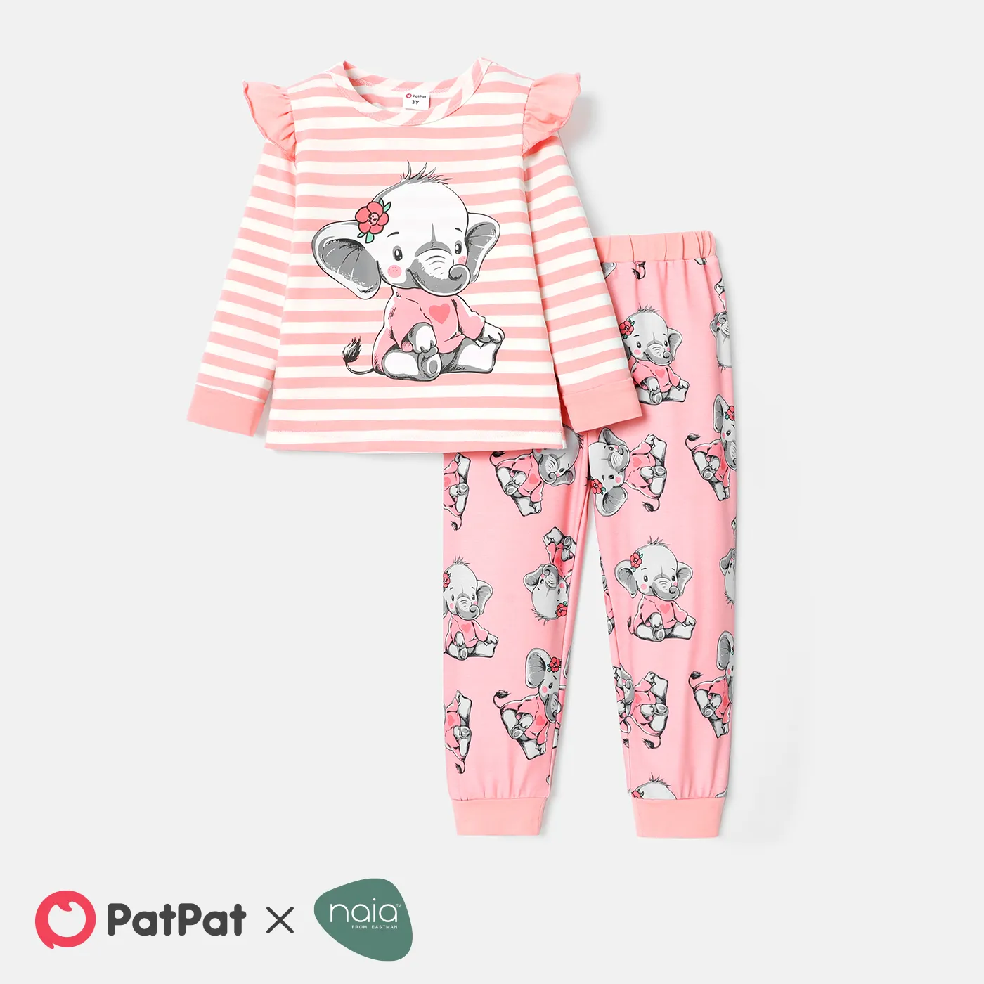 

2pcs Toddler Girl Elephant Print Stripe Ruffled Long-sleeve Tee and Pants set