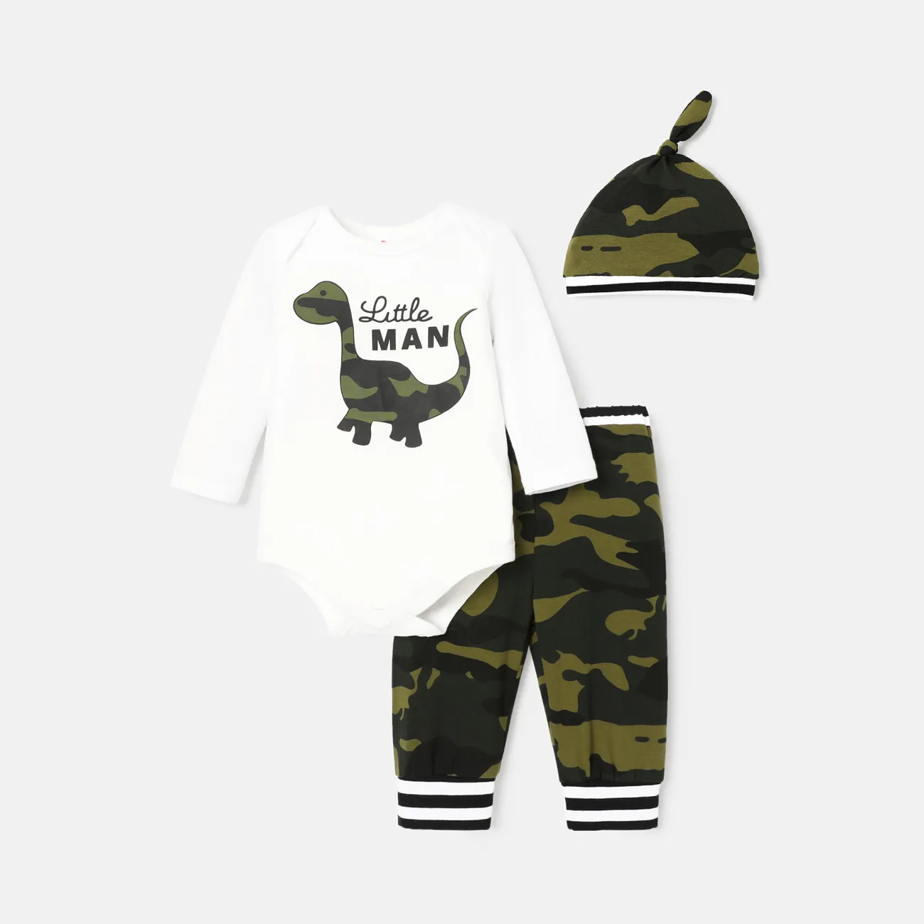 3pcs Baby Boy Cotton Long-sleeve Dinosaur & Letter Print Romper and Camouflage Pants with Hat Set White big image 1