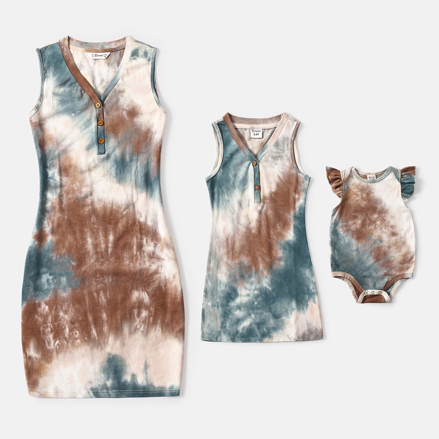 

Mommy and Me 95% Cotton Tie Dye Button Front V Neck Sleeveless Bodycon Dresses