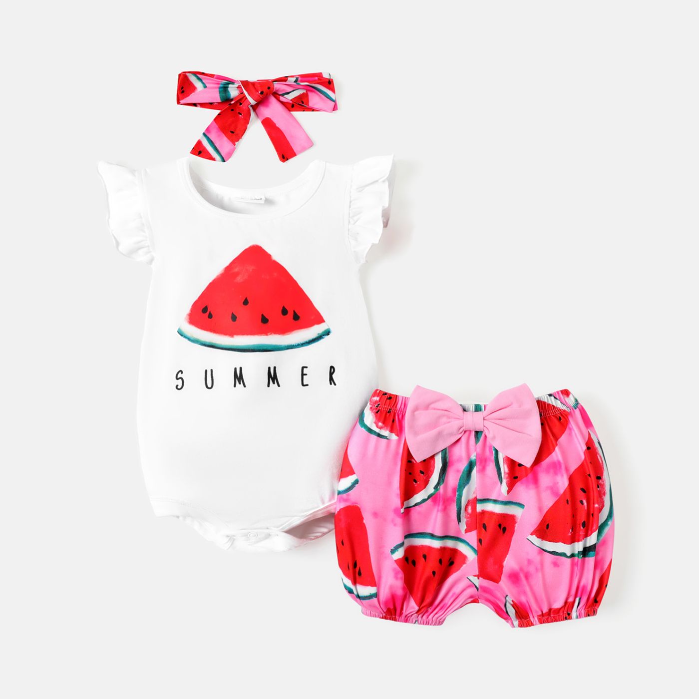 3pcs Baby Girl Cotton Flutter-sleeve Watermelon Print Romper and Bow Front Shorts & Headband Set