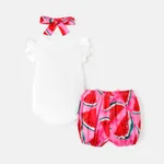 3pcs Baby Girl Cotton Flutter-sleeve Watermelon Print Romper and Bow Front Shorts & Headband Set  image 2