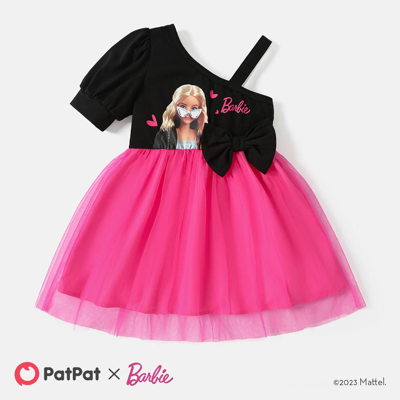 Barbie Toddler Girl Mother's Day Bowknot Design Cotton One Shoulder Mesh Splice Dress
