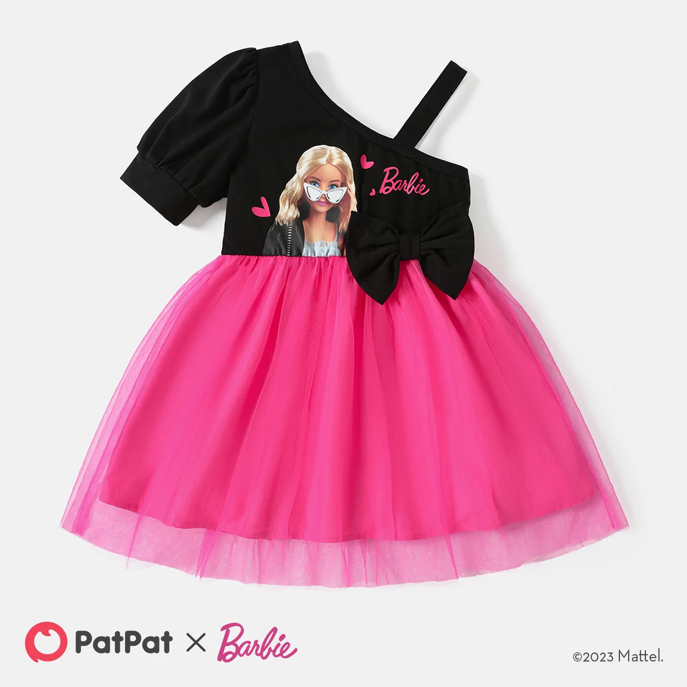 Barbie Toddler Girl Mother's Day Bowknot Design Cotton One Shoulder Mesh Splice Dress  image 1