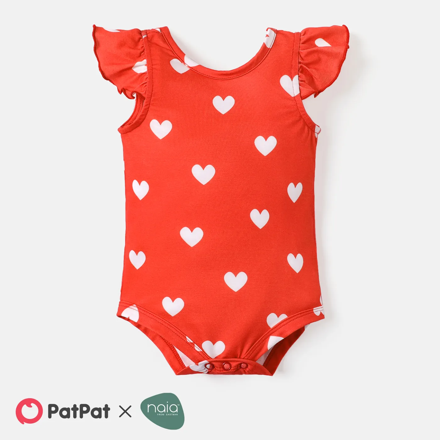 Valentine's Day Baby Girl Allover Heart Print Bow Decor Flutter-sleeve  Naia™ Romper Red big image 1