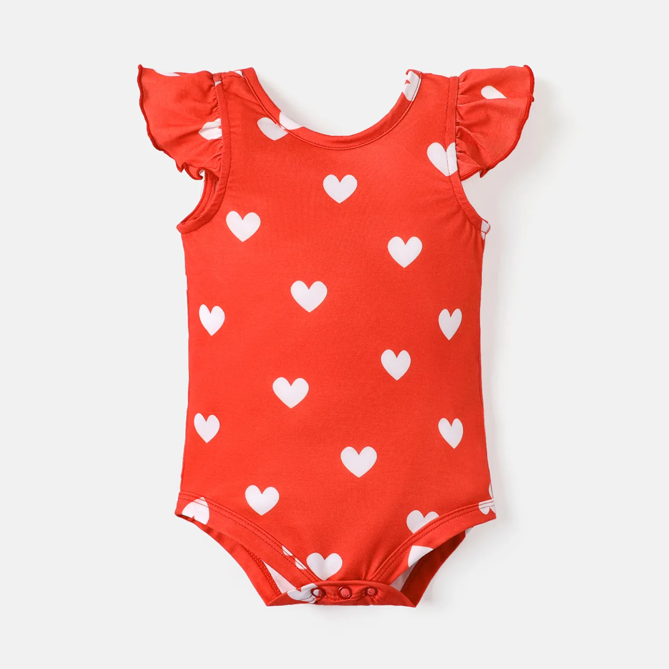 Valentine's Day Baby Girl Allover Heart Print Bow Decor Flutter-sleeve  Naia™ Romper Red image 3