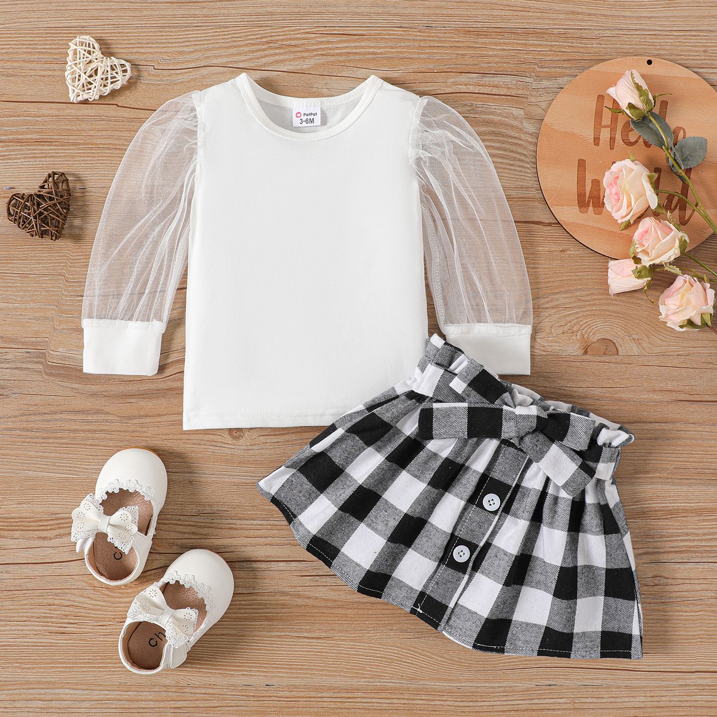 

2pcs Baby Girl 95% Cotton Mesh Long-sleeve Top and Plaid Belted Skirt Set