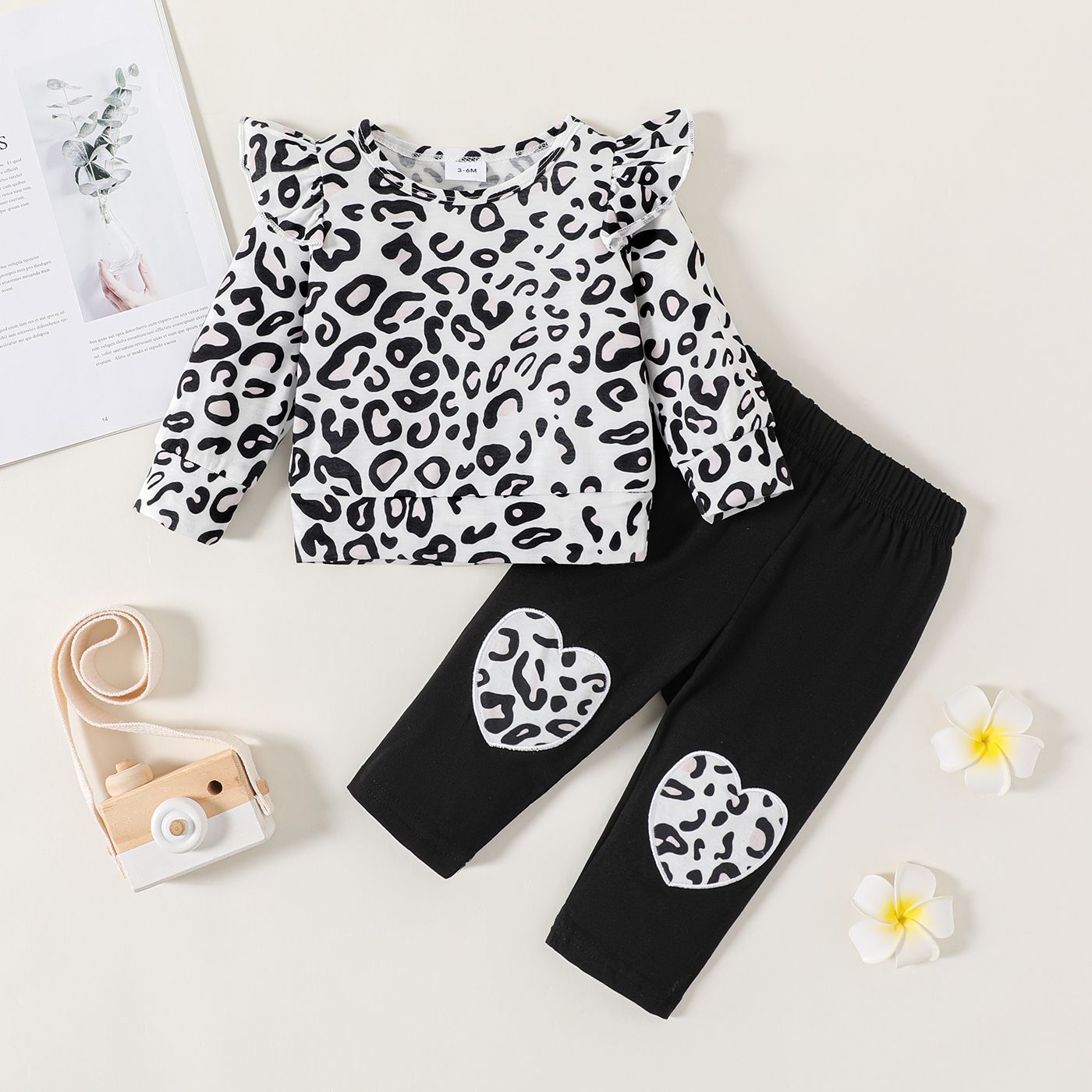 2pcs Baby Girl Heart Embroidered Cotton Pants And Leopard Print Ruffle Long-sleeve Top Set