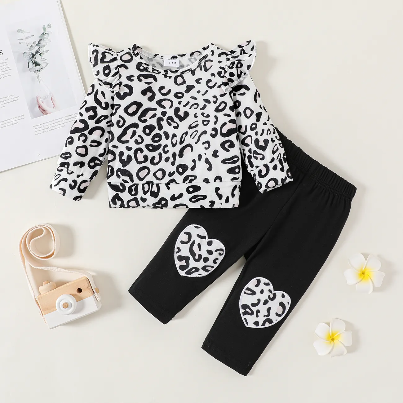 2pcs Baby Girl Heart Embroidered Cotton Pants and Leopard Print Ruffle Long-sleeve Top Set  big image 1